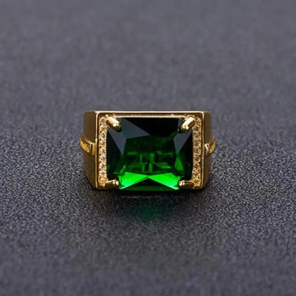 Popular Emerald Rings Men's Jewelry Retro Style Square Ethnic Rings 14k Gold Color Open Green Diamond Ring for Gift Box