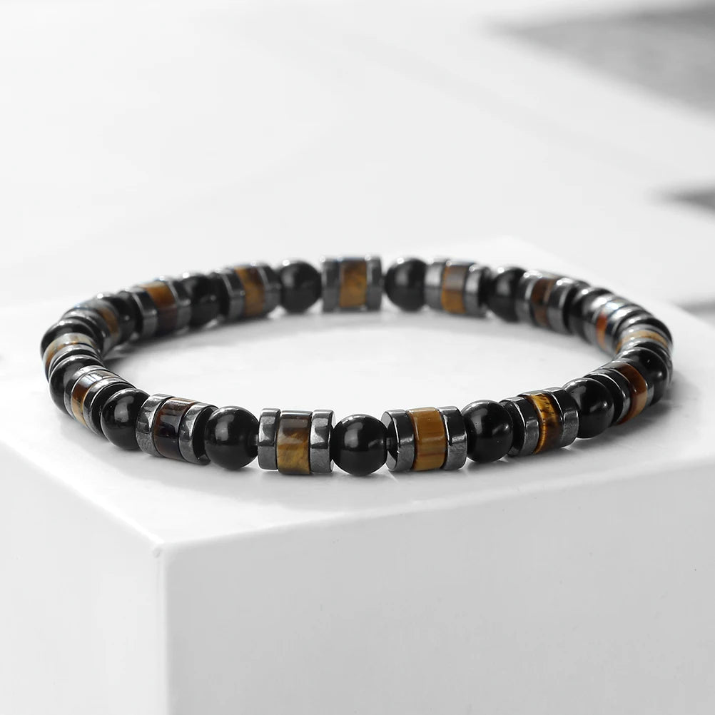 Men Bracelet Natural Tiger Eye Stone Cylindrical Beads Bracelets Hematite Spacer Handmade Adjustable Bangles Women Yoga Jewelry