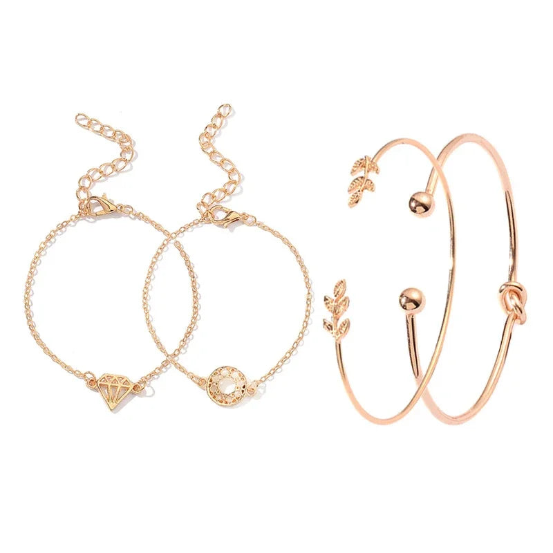 SUMENG 4pcs/Set New Arrival Bohemia Leaf Knot Hand Cuff Link Chain Charm Bracelet Bangle For Women 2024 Fashion Jewelry Gifts