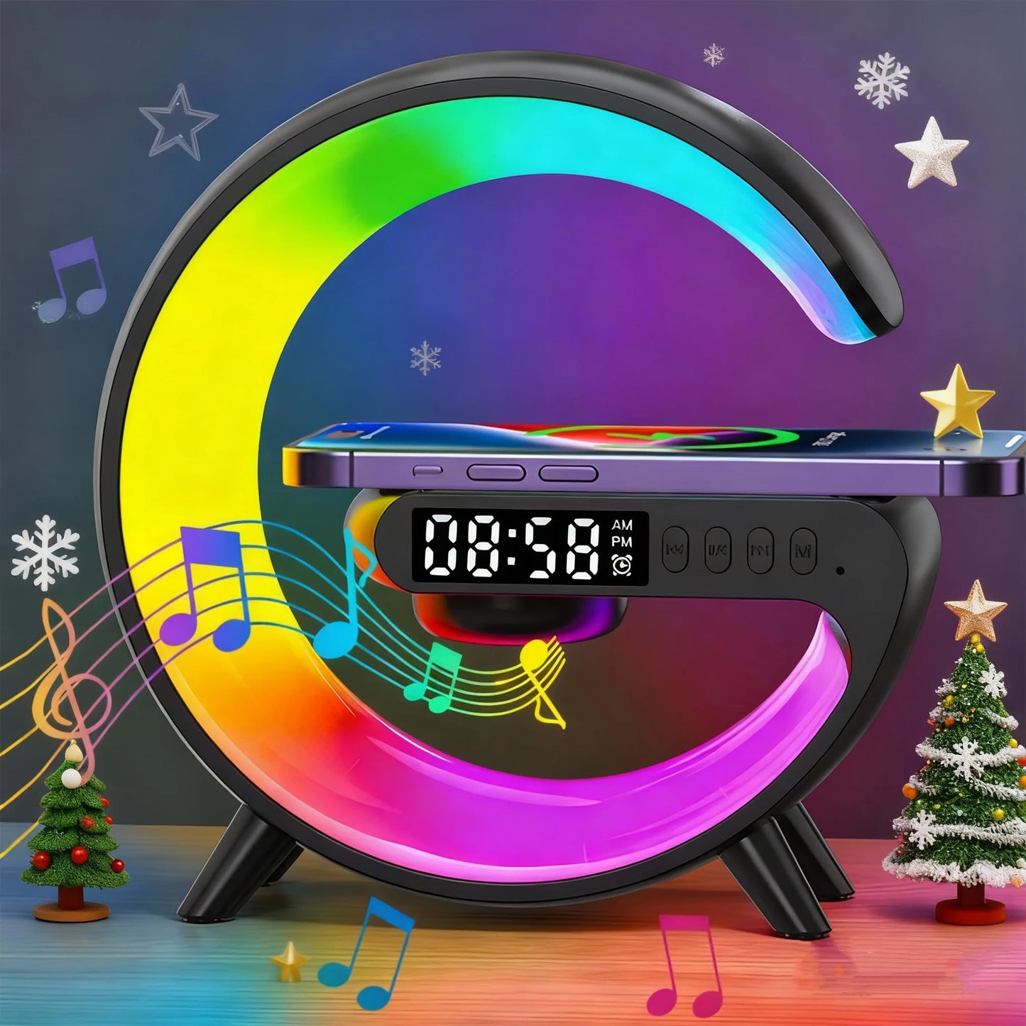 Bluetooth Speaker Holder Bedroom Ambient Lighting and Alarm Clock Creative Office Wireless Charging Stand for iPhone Samsung