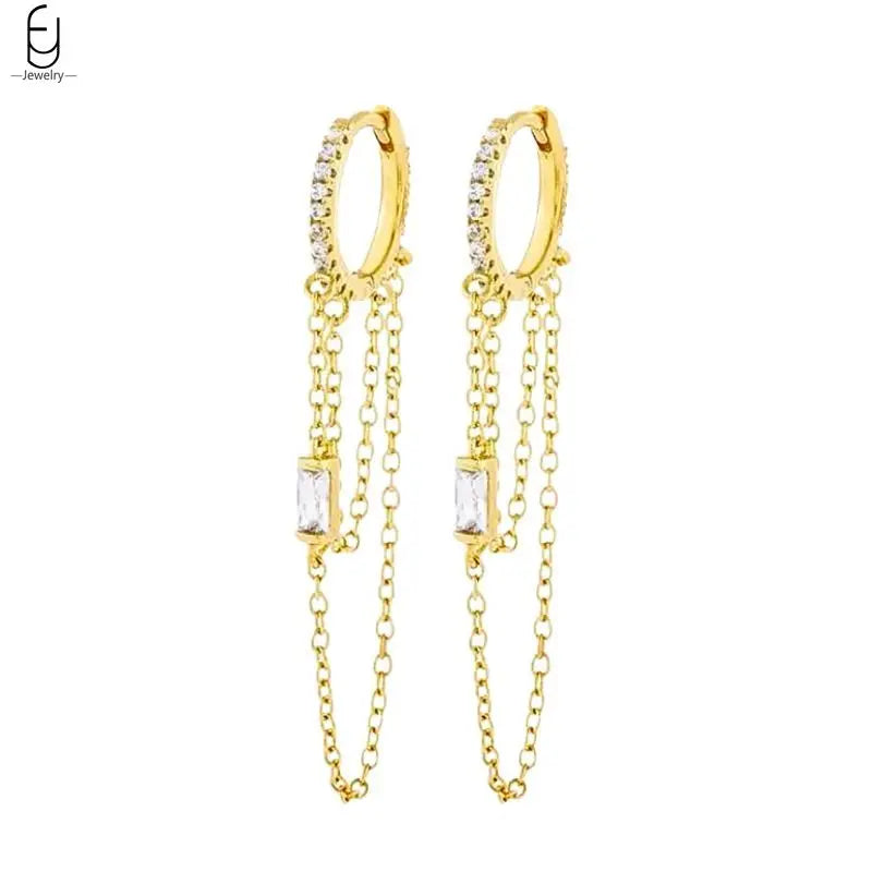 925 Sterling Silver Needle Vintage Gold Earrings Luxury Long Chain Tassel Crystal Hoop Earrings for Women Party Trend Jewelry