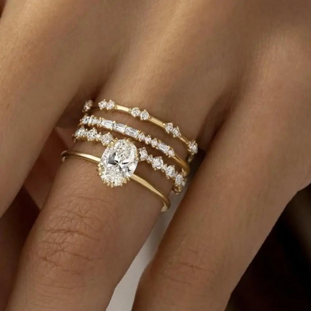 4 Pcs/Set Women Ring Set Cubic Zirconia Decor Polished Geometric Bride Wedding Finger Rings Prom Party Banquet Jewelry