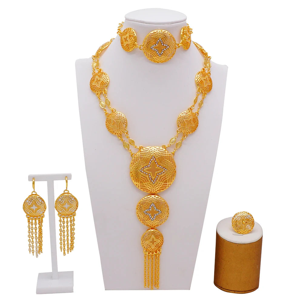Dubai Gold Color Jewelry Set For Woman Bridal Nigerian African Long Chain Necklace Earrings Bracelet Ring Jewellery Set