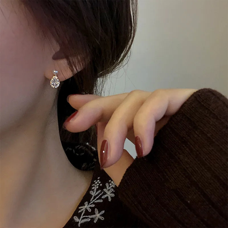 S925 Sterling Silver 14k Gold Plated Pearl Stud Earrings Water Drop Shiny Zircon Morning Dew Earrings for Women Wedding Jewelry