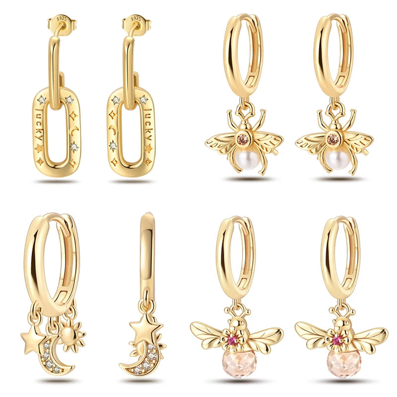 New in 925 Silver Color Gold Pearl Bee Irregularity Star Moon Earrings For Women 2025 Trending Fashion Jewelry Birthday Gifts