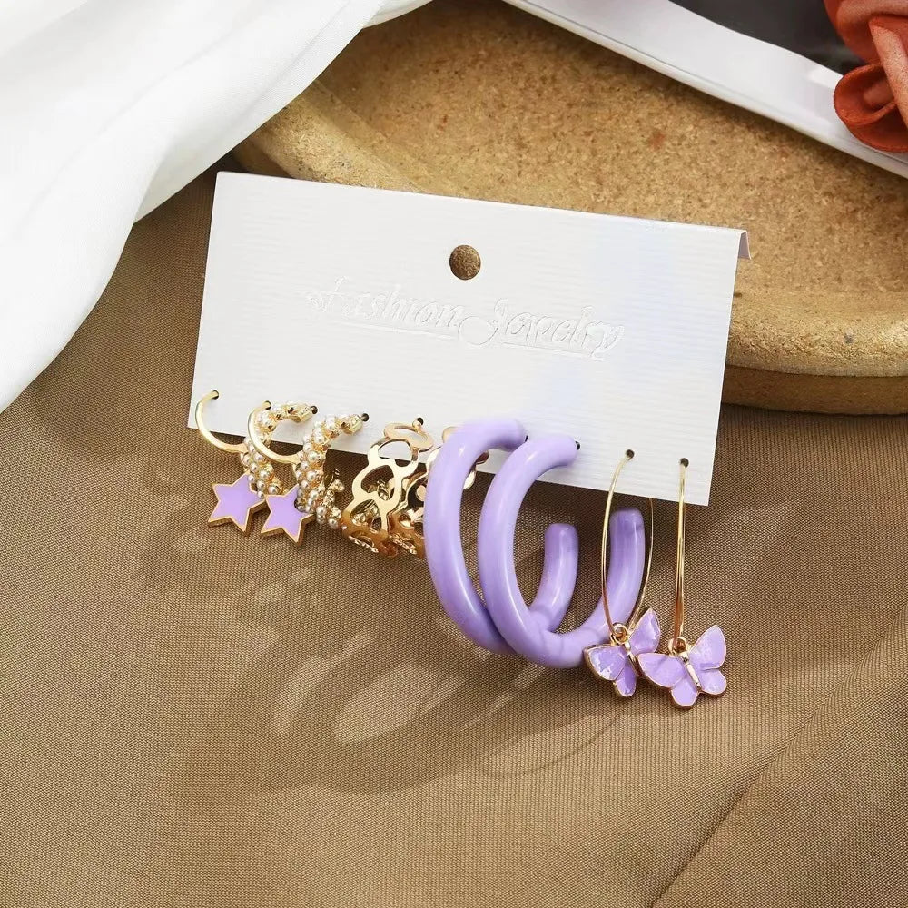 A set of 5 purple butterfly earrings, a retro earring set, and an exquisite and fashionable earring set