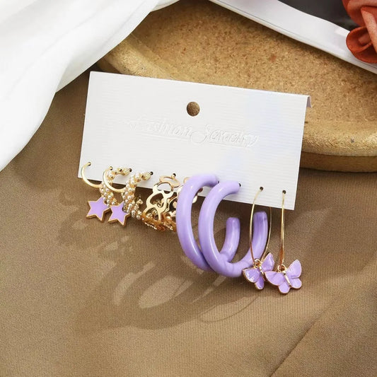 A set of 5 purple butterfly earrings, a retro earring set, and an exquisite and fashionable earring set
