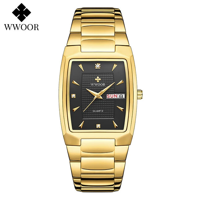 WWOOR Luxury Men's Wristwatch Top Brand Fashion Square Dial Stainless Steel Calendar Waterproof Men Quartz Watches Casual Clock