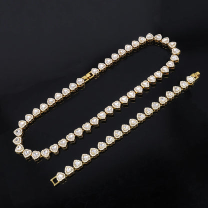 ZAKOL 45CM New Hip Hop Tennis Chain Bracelet Necklace Shiny Heart Rhinestone CZ Fashion Rock Party Jewelry Set