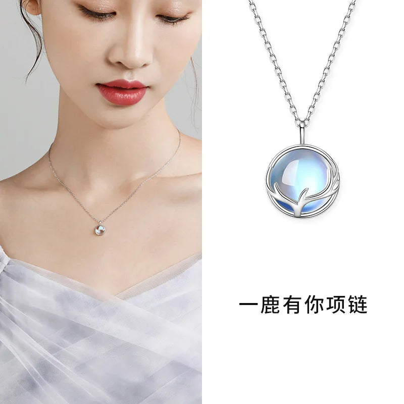 CIAXY Silver Color Moonstone Pendant Necklaces for Women Temperament Deer Antlers Clavicle Chain Luxury Jewelry collares
