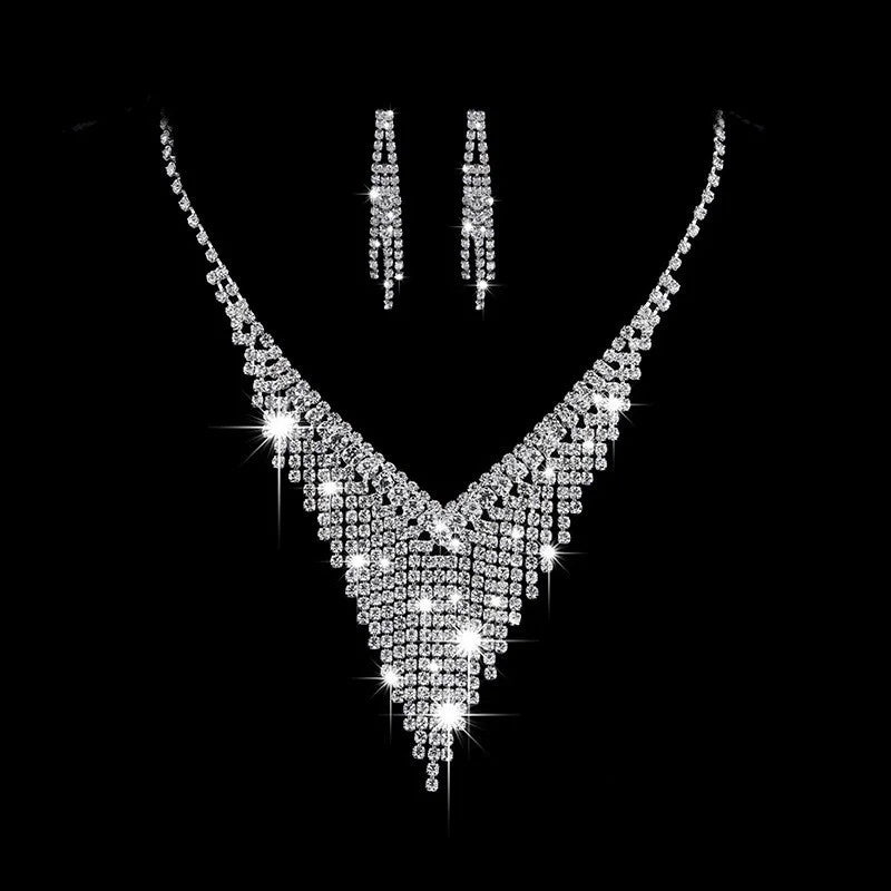 Classic Elegant Crystal Bridal Jewelry Set Shiny Rhinestone Fashion Wedding Dress Banquet Women's Necklace Earring Set