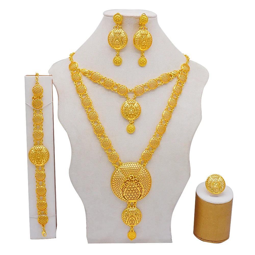 Dubai Gold Color Jewelry Set For Woman Bridal Nigerian African Long Chain Necklace Earrings Bracelet Ring Jewellery Set