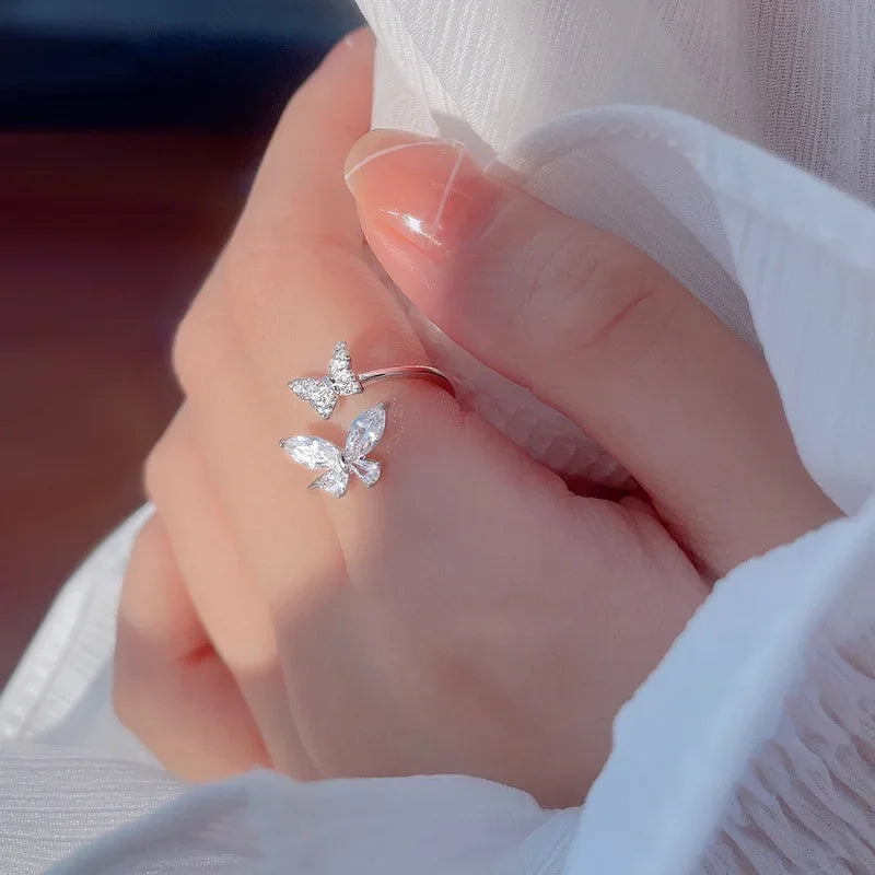 Huitan Shiny Uniquely Designed Butterfly Opening Rings for Women Simple Stylish Silver Color Rings Fashion Trendy Party Jewelry