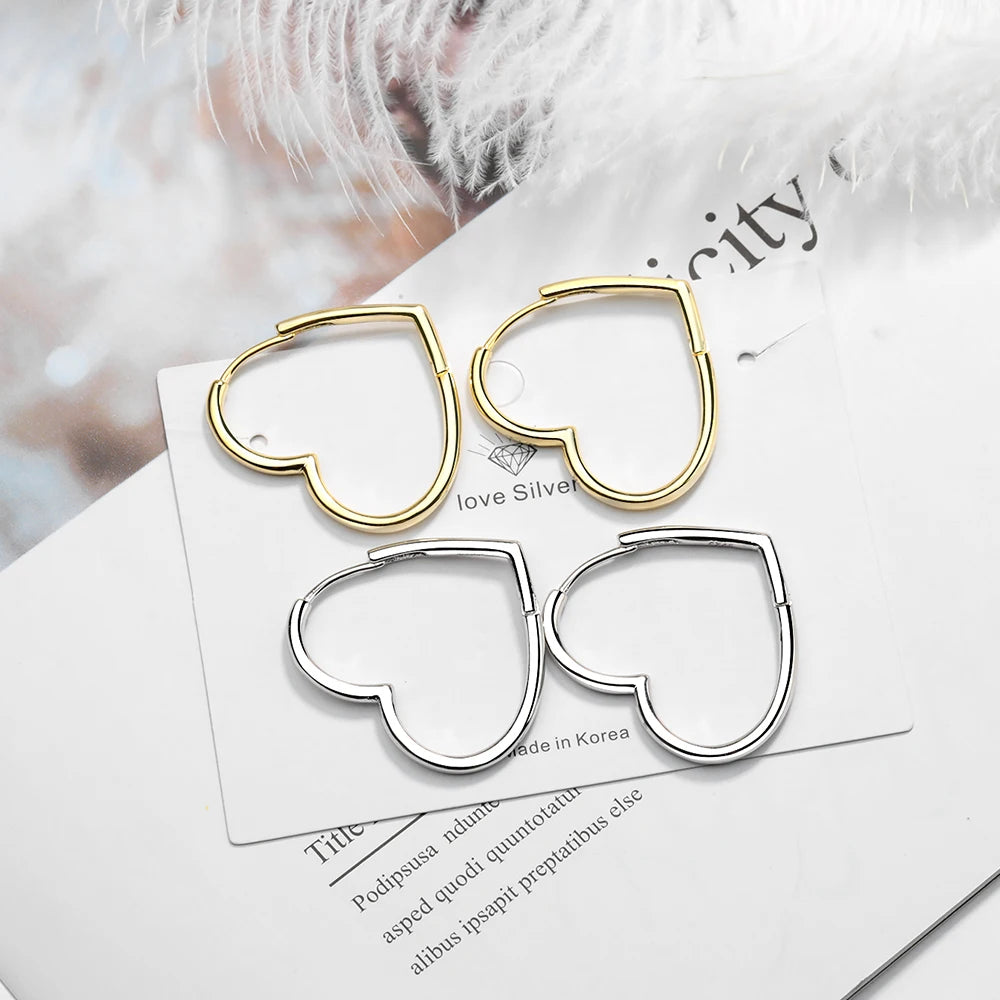 Korean Solid 925 Silver Sterling Big Heart Hoop Earrings Female Gold Large Loop Ear Rings Girlfriend Gift Boucle Doreille SE163