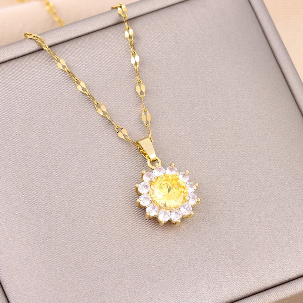 Trendy 18K Gold Plated Zircon Crystal Pendant Stainless Steel Necklace For Women Female Clavicle Chain Jewelry Lady Accessories