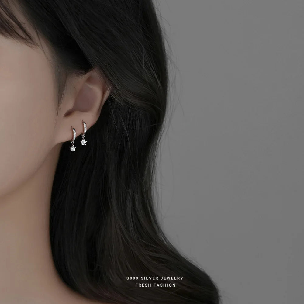 Earrings Silver 999 Star Zircon Round Simple Unique Elegant Jewelry Women's Stud Earrings Pendientes Mujer JHE66