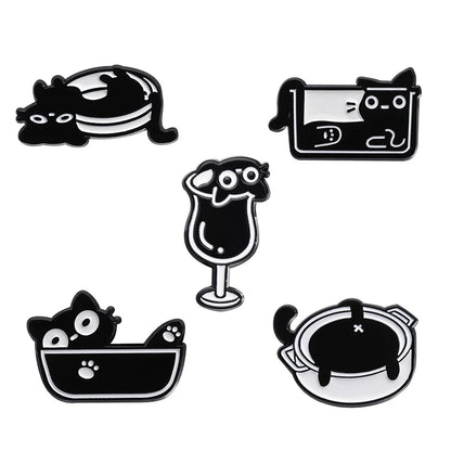 Cute Cat 4-6pcs/Set Enamel Pins Black Fluid Cat Brooches Lapel Badge Punk Animal Jewelry Gift for Friends
