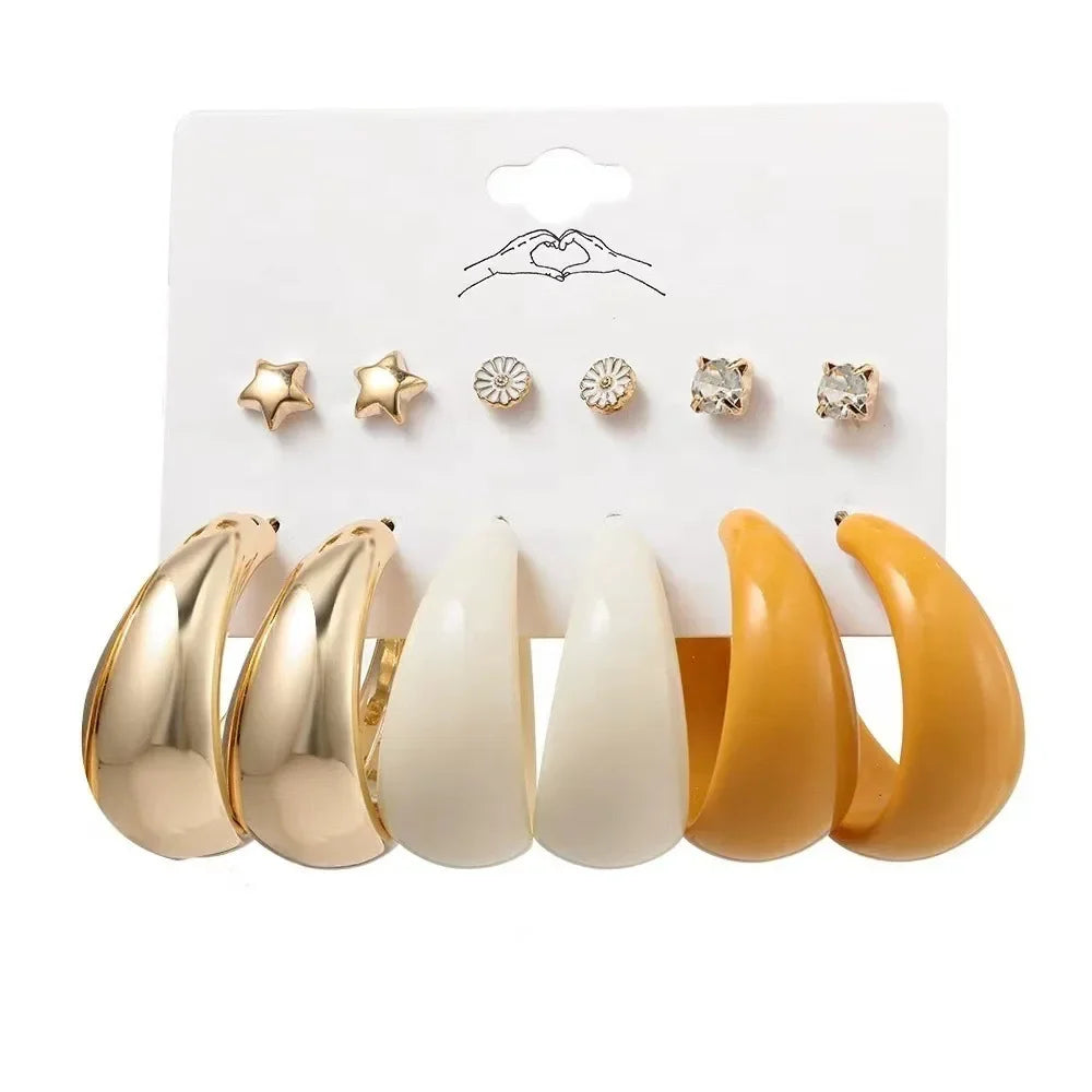 Creative and simple C-shaped geometric earrings with pearl butterfly female earrings 6-piece set