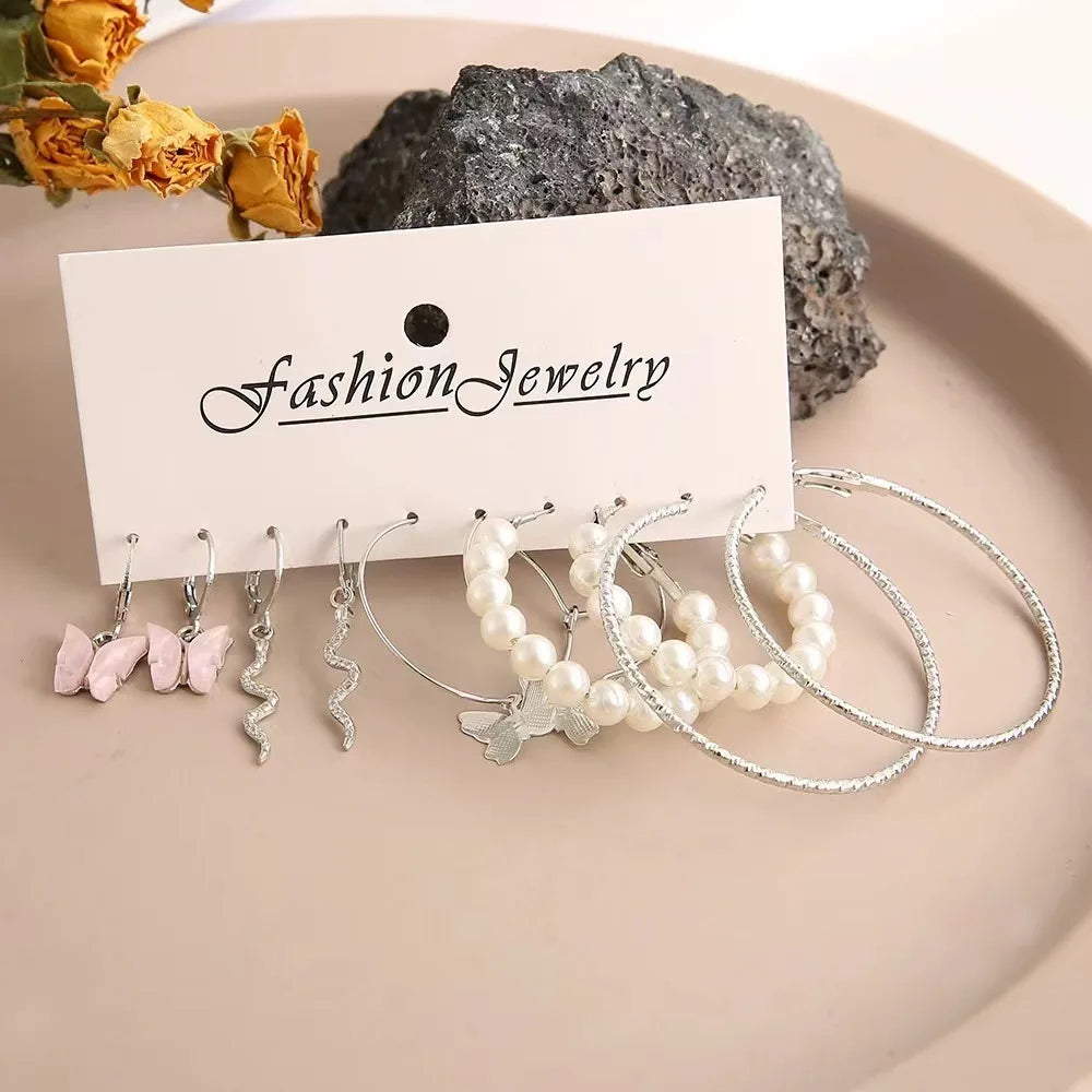 High-end, niche, fashionable and elegant women's jewelry pearl butterfly snake-shaped earrings set bow earrings