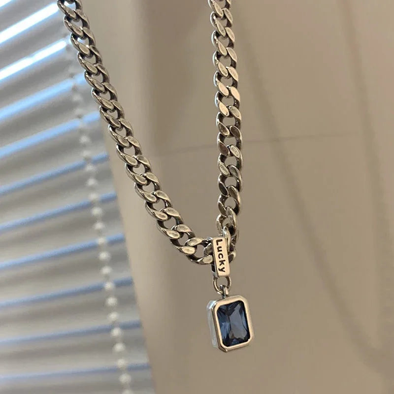 Personality Square Blue Zirconia Necklace Cuban Type Choker Matching Party Fashion Exquisite Women's Jewelry