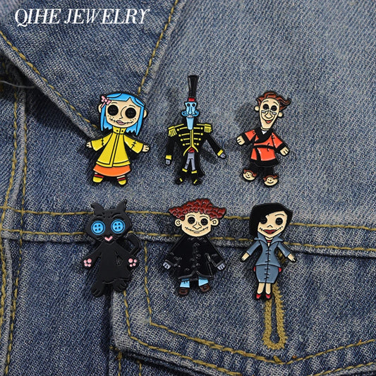 Horror Animated Films Coraline Doll Enamel Pins Punk Character Metal Brooch Backpack Badge Halloween Accessory Gifts for Friends