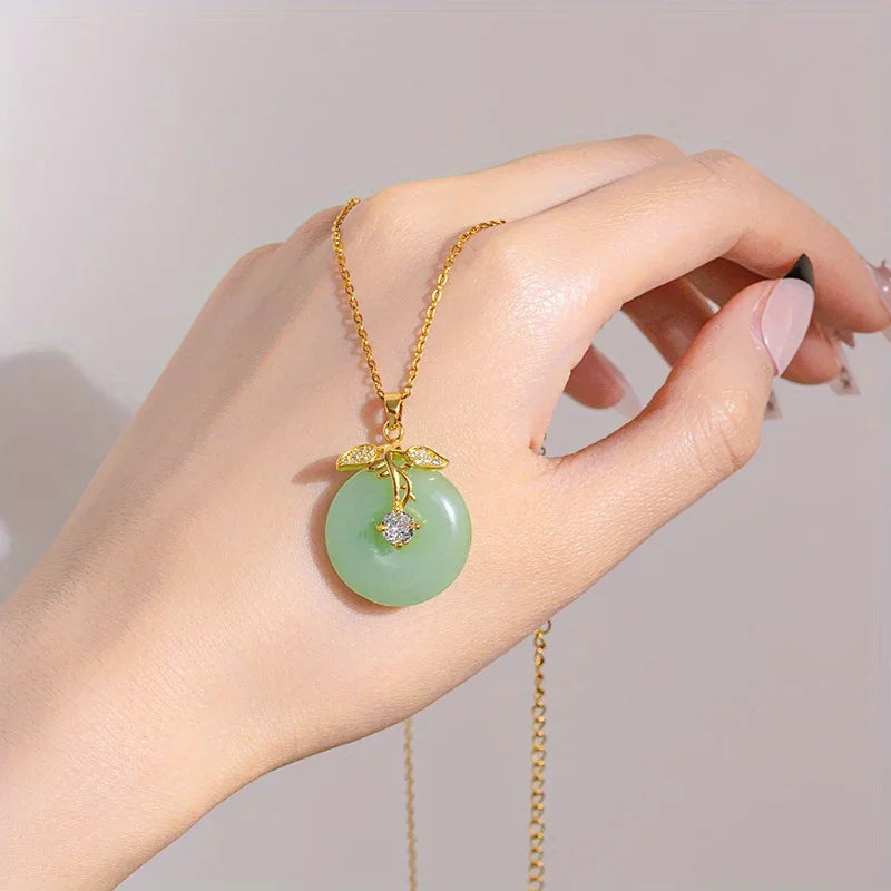18k Gold Plated Titanium Steel Chain Fashion Chinese Style Imitation Jade Lucky Leaf Pendant Necklace Anniversary Gift