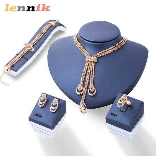 LENNIK European American Exaggerated Crystal Bridal Jewelry - Necklace Earrings 4Pcs Set - Alloy Zircon Wholesale Accessories