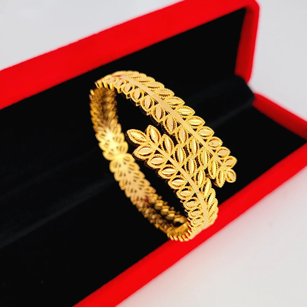Dubai Gold Color Jewelry Sets for Women Exquisite Leaf Wide Bangle Bracelet & Ring 2 pcs Set Wedding Bridal Accessories
