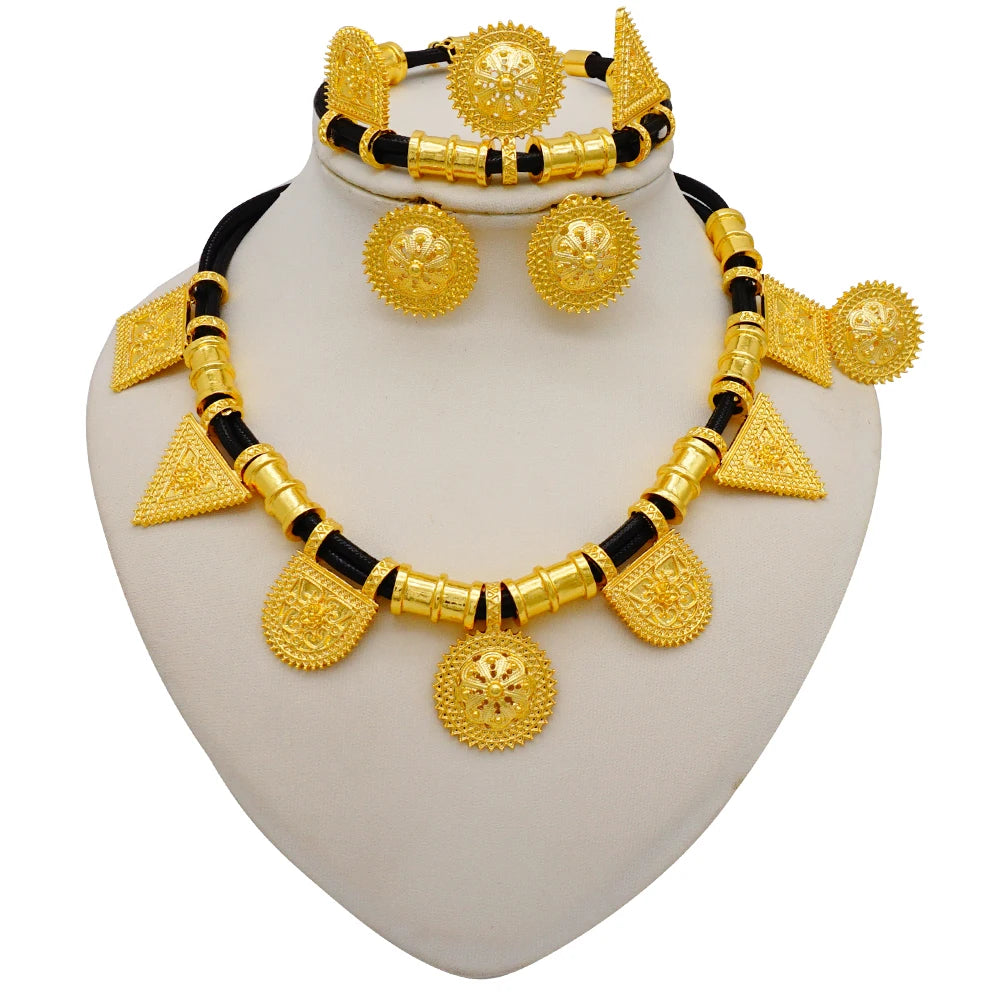 Dubai Gold Color Jewelry Set For Woman Bridal Nigerian African Long Chain Necklace Earrings Bracelet Ring Jewellery Set