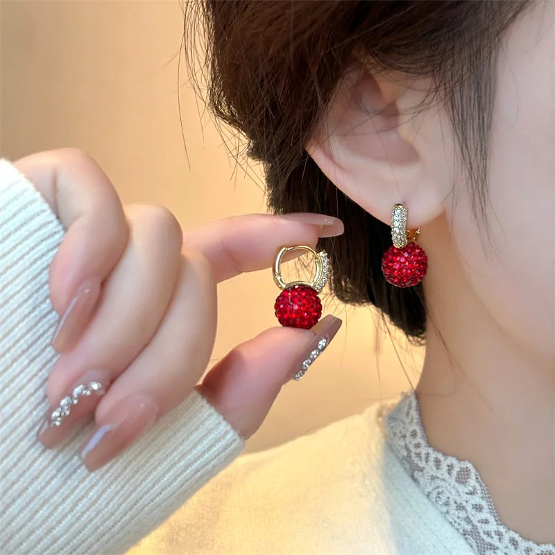 Shining Red Color Crystal Ball Pendant Earrings 2025 Micro Set Zircon Metal Ear Buckle for Women's Fashion Jewelry Accessories