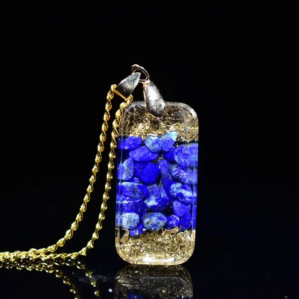 Natural Lapis Lazuli Chip Stones Orgone Resin Pendant with Golden Foil Inside Reiki Healing Crystals Necklace Christmas Gift