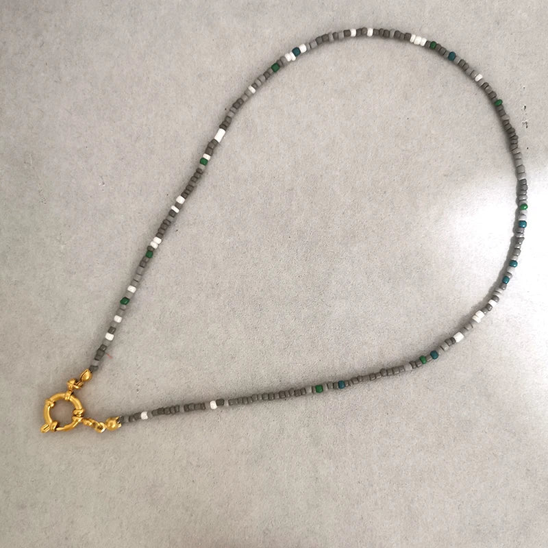 QMHJE Imitation Pearl Necklace Women Choker Seed Beads Rainbow Stainless Steel Clasp Sailor Buckle Base Chain Gold Color Boho