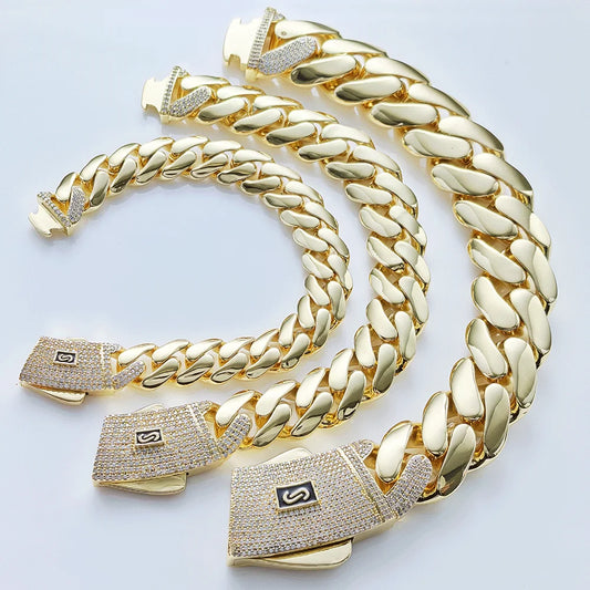 HHIOK Hot Sale Monaco 14k Gold Plated Mans Chain Iced Out Clasp Necklace Miami 12/15/20mm Brass Cuban Link Chain for Men