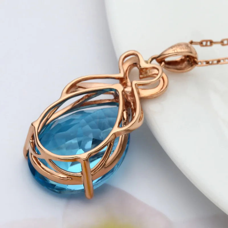 18K Rose Gold color Sapphire Stone Pendant For Women Pure Natural Blue Gemstone Necklace Pendant Jewelry with chain gift