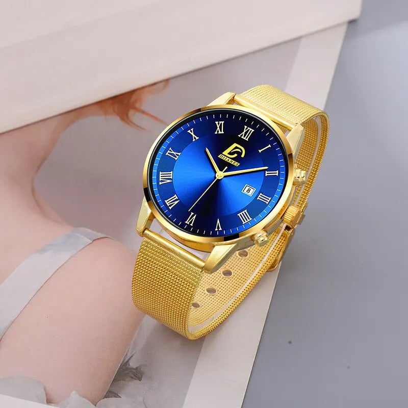 2PCS Set Fashion Mens Calendar Watches Luxury Men Business Golden Mesh Belt Quartz Watch Male Necklace Wristwatch