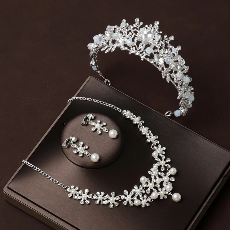 Itacazzo Bridal Headwear Set Crown Necklace Earrings Four Piece Classic Tiaras Suitable for Women's Wedding and Birthday Parties