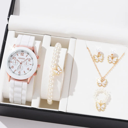 5PCS Set Luxury Watch Women Ring Necklace Earrings Pearl Rhinestone Wristwatch Female Casual Ladies Watches Bracelet (No Box)