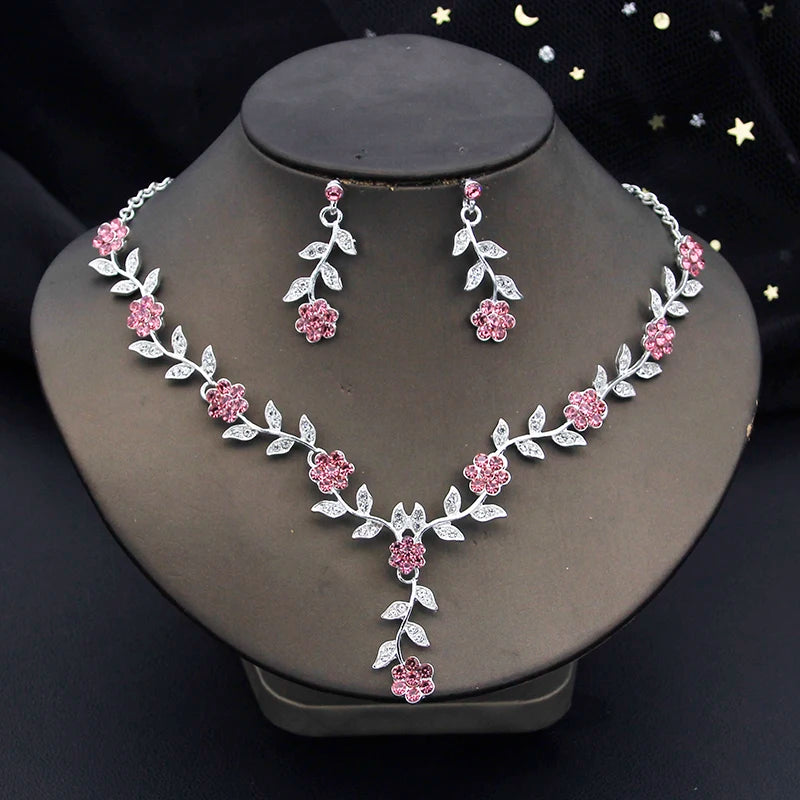 Rhinestone Bride Jewelry Sets for Women Luxury Flower Choker Necklace Earrings Wedding Dress Bridal Necklace Sets Fashion