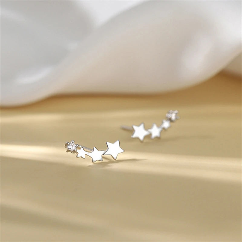 Korean Shiny Zircon Star Flower Climbing Earrings for Women Exquisite Sliver Color Crystal Statement Earrings Jewelry Gifts