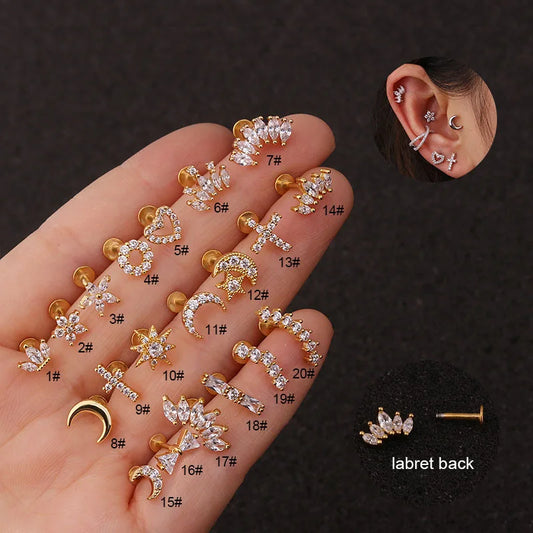 1PC 16G New Cross Heart Flower Crown Tragus Helix Stainless Steel Labret Lip Bar Rings Stud Cartilage Ear Piercing Body Jewelry