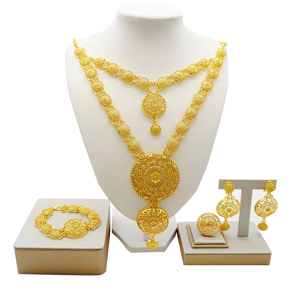 Dubai Gold Color Jewelry Set For Woman Bridal Nigerian African Long Chain Necklace Earrings Bracelet Ring Jewellery Set