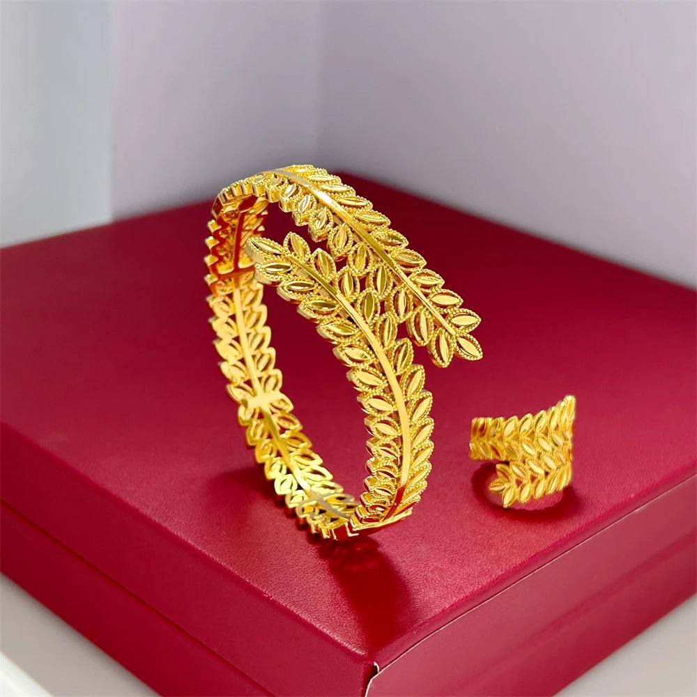 Dubai Gold Color Jewelry Sets for Women Exquisite Leaf Wide Bangle Bracelet & Ring 2 pcs Set Wedding Bridal Accessories