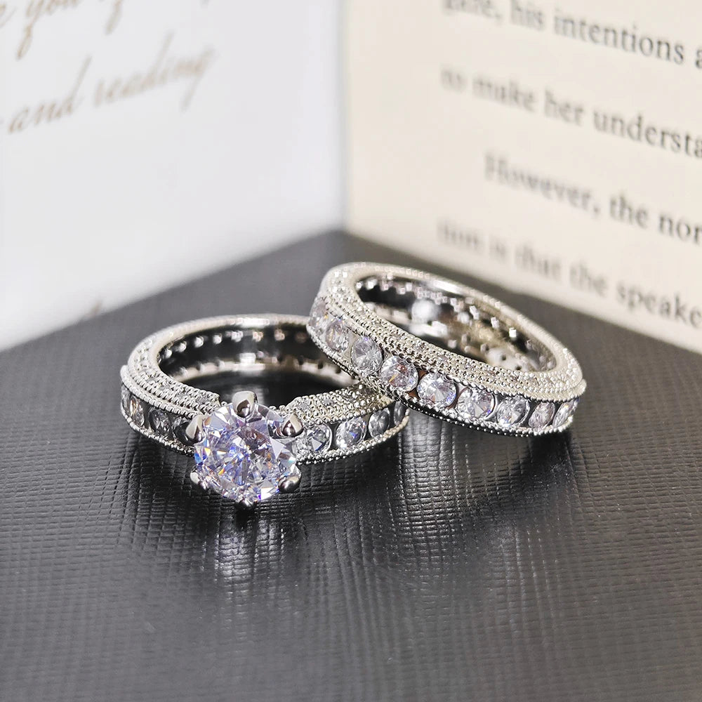 New Silver Color Bride Luxury Bold Big Wedding Rings Set for Bridal Women Engagement Finger Bold Party Gift Jewelry R4428
