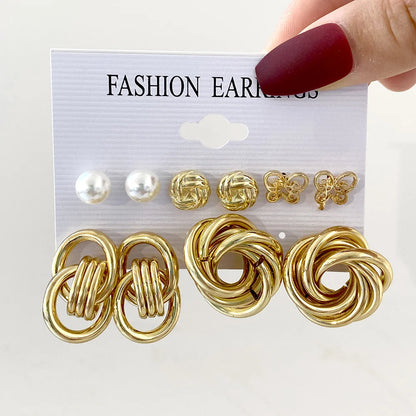 Vintage Metal Twisted Rope Knot Stud Earrings Fashion Hollow Butterfly Leaf Earrings Women's Versatile Big Set Jewelry Gift 2025