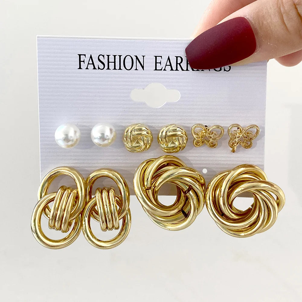 Vintage Metal Twisted Rope Knot Stud Earrings Fashion Hollow Butterfly Leaf Earrings Women's Versatile Big Set Jewelry Gift 2025