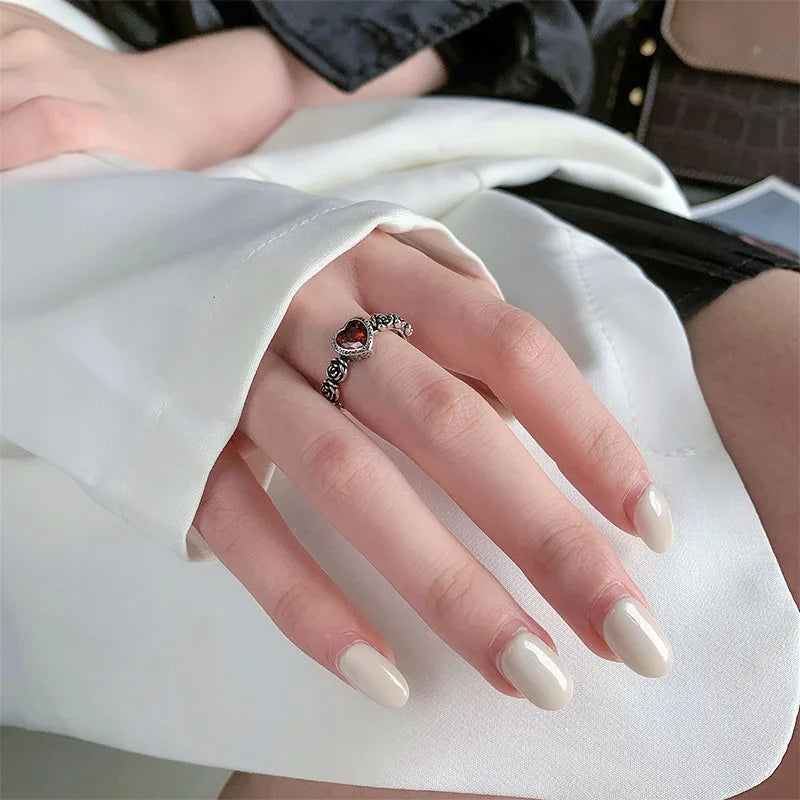 Romantic Love Heart Red Crystal Rose Flower Retro Thai Silver Female Finger Ring For Women Hand Jewellery Accessories