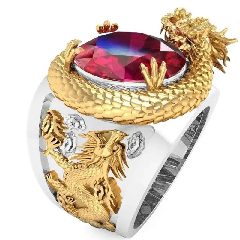 Milangirl Fashion Rings for Men Mighty Personality Dragon Ring Red Zircon Black Mens Ring Punk Jewelry