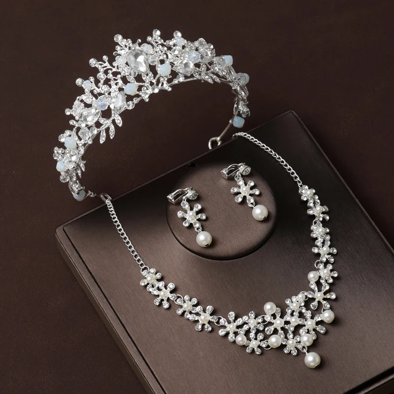 Itacazzo Bridal Headwear Hand Wrapped Crown Necklace Earring Set of Four Pieces&Suitable for Women's Wedding and Birthday Party