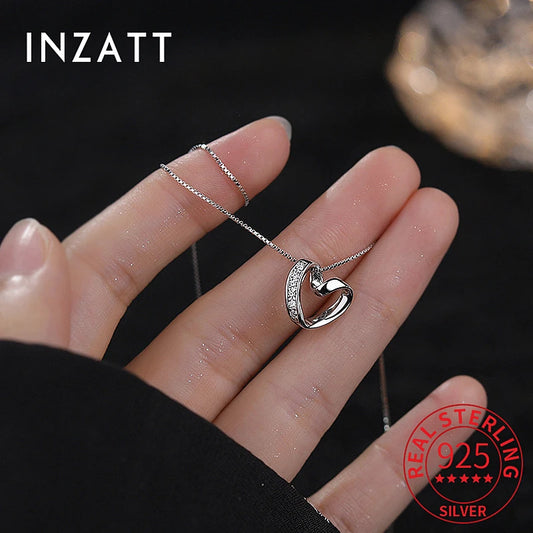 INZATT Real 925 Sterling Silver Zircon Hollow Heart Choker Necklace for Women Cute Fine Jewelry Minimalist Accessories