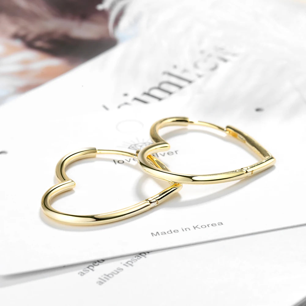 Korean Solid 925 Silver Sterling Big Heart Hoop Earrings Female Gold Large Loop Ear Rings Girlfriend Gift Boucle Doreille SE163